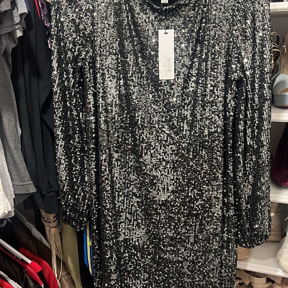 Steve Madden Gray Sequin Sheath Dress with Bishop Sleeves